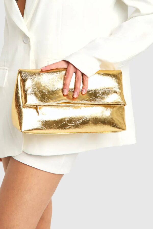 Large Metallic Fold Over Clutch Bag - Image 2