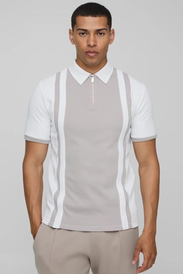 Slim Panelled Zip Neck Interlock Polo