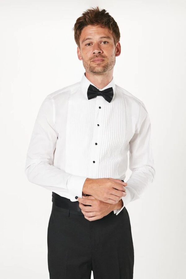 White Pleat Front Slim Fit Long Sleeve Dress Shirt - Image 2