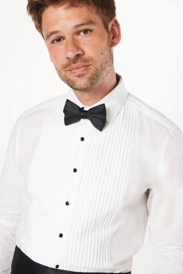 White Pleat Front Slim Fit Long Sleeve Dress Shirt - Image 3